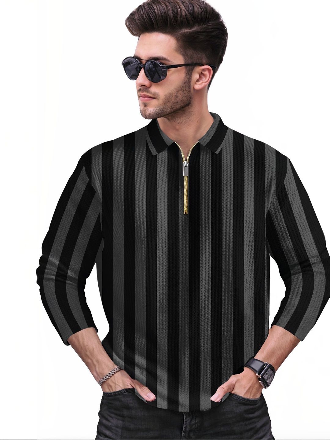 HOODLER Men Striped Polo Collar T-shirt