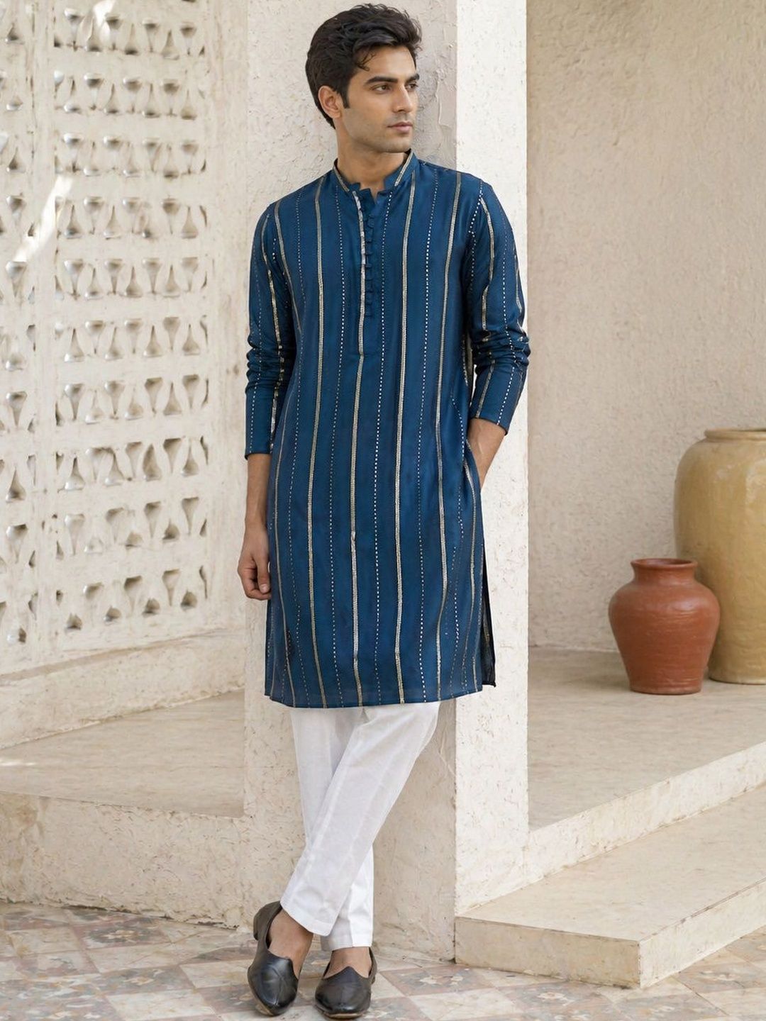 See Designs Men Embellished Sequinned Chanderi Silk Blend Kurta