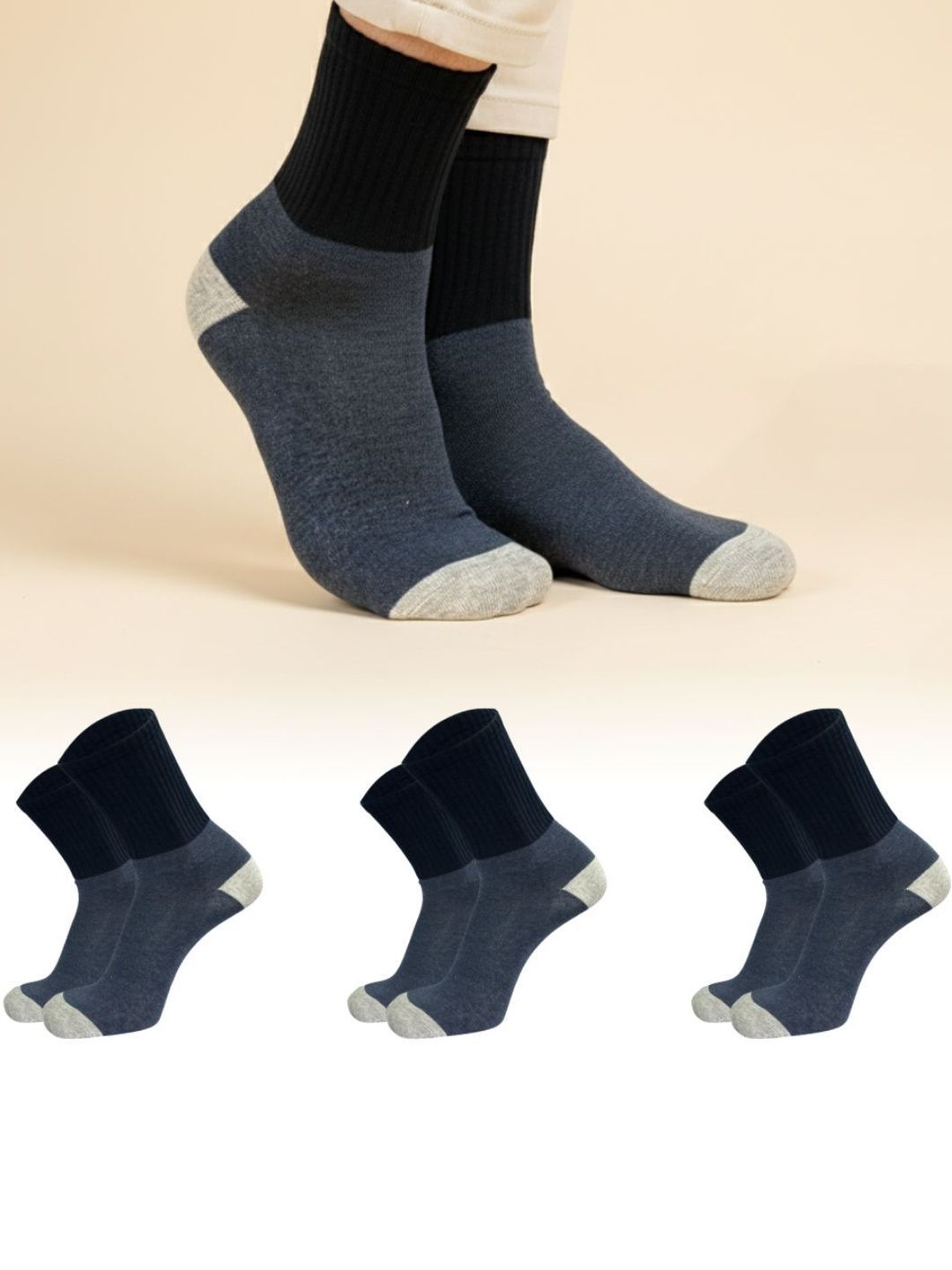Sockscarving Men Pack of 3 Cotton Blend Colourblocked Above Ankle Socks