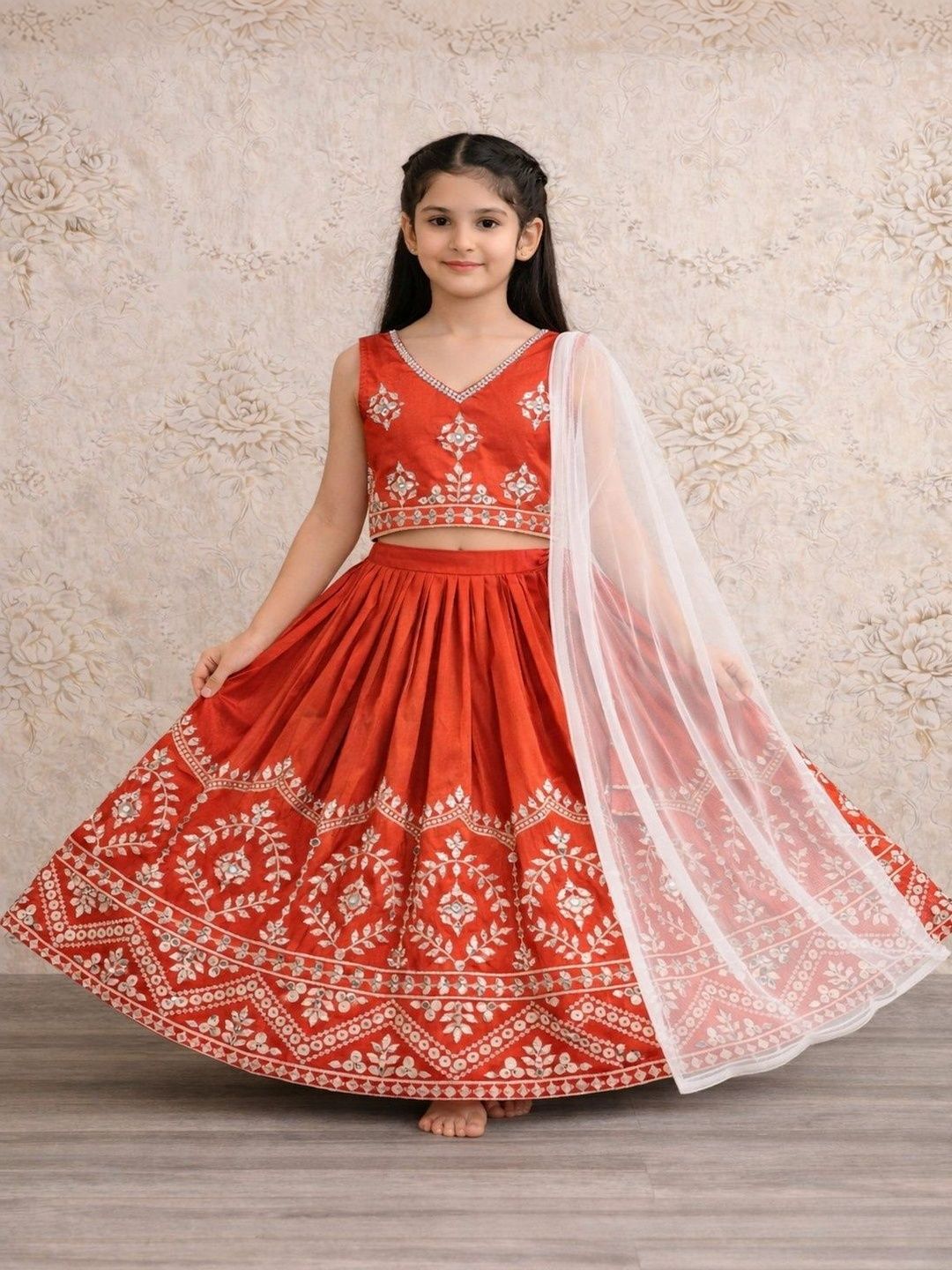 Helene Girls Embellished Mirror Work Semi-Stitched Lehenga & Blouse With Dupatta