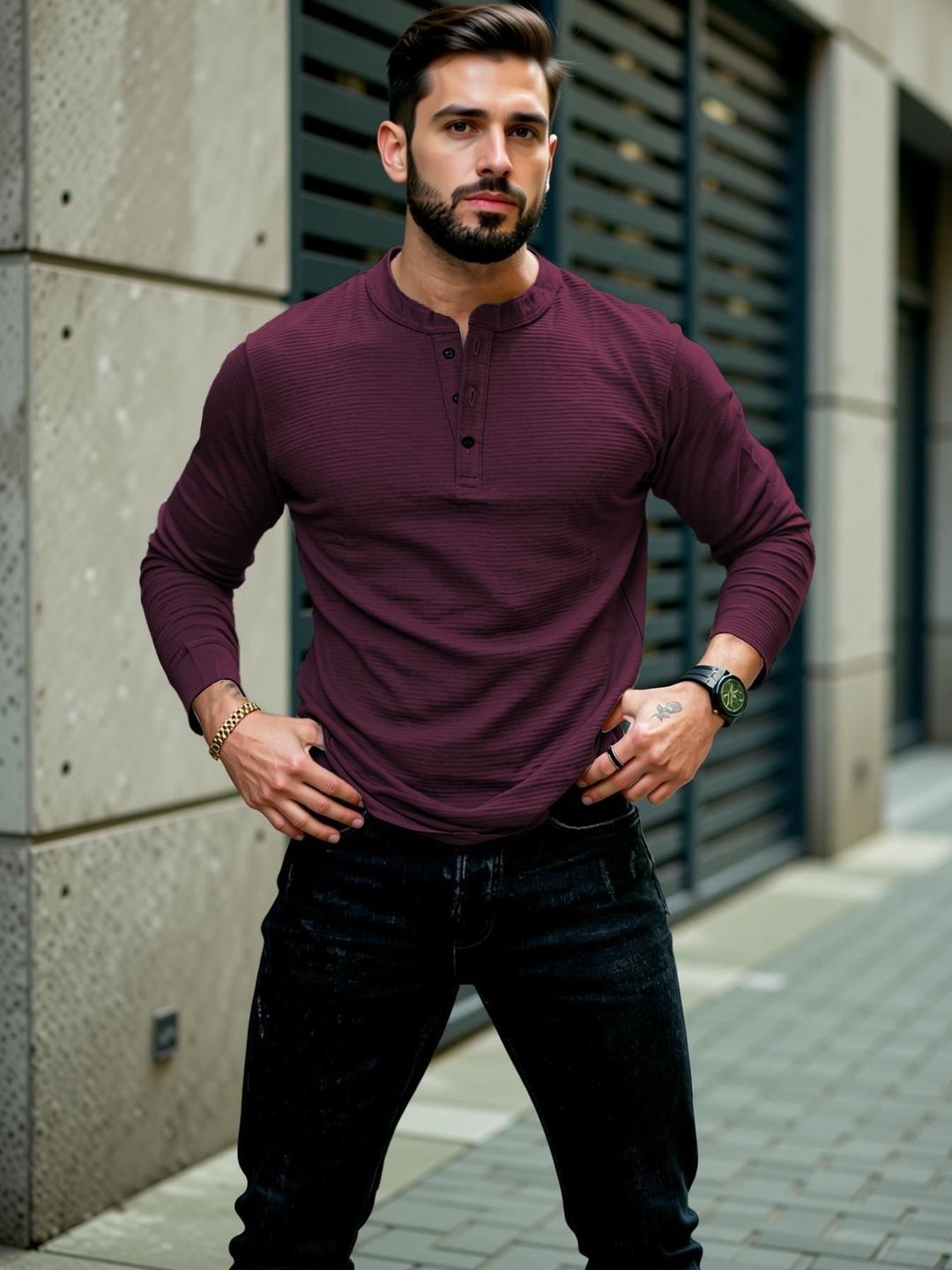 HOODLER Men Henley Neck T-shirt