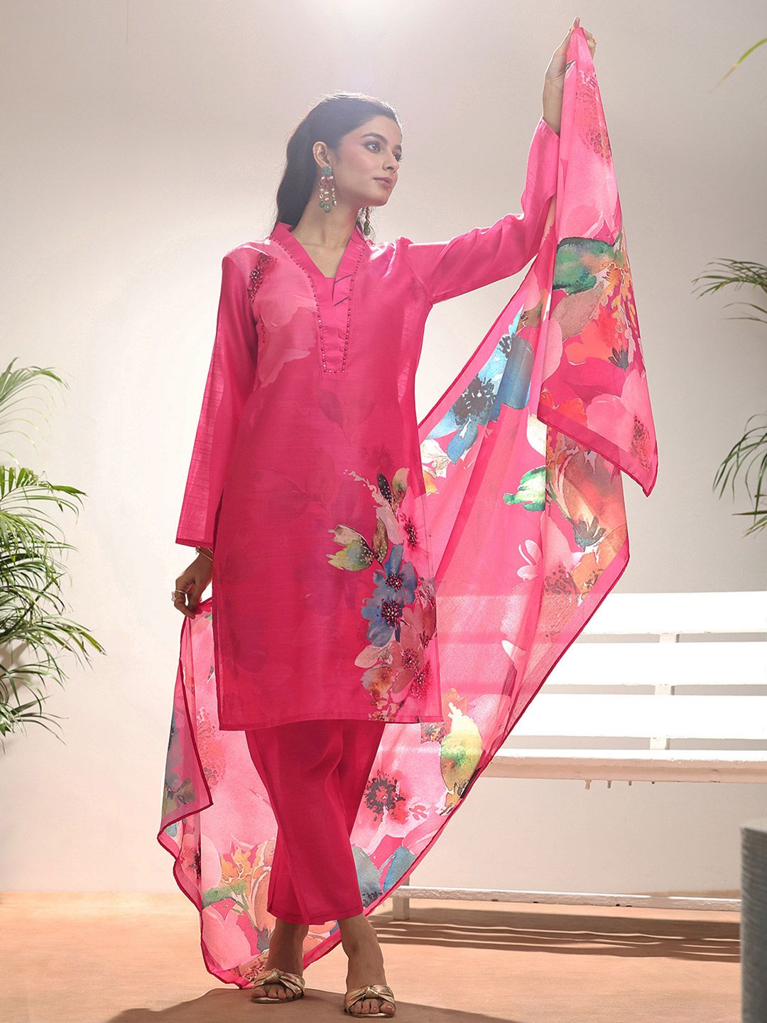 Libas Libas Red Floral Printed Straight Suit Set