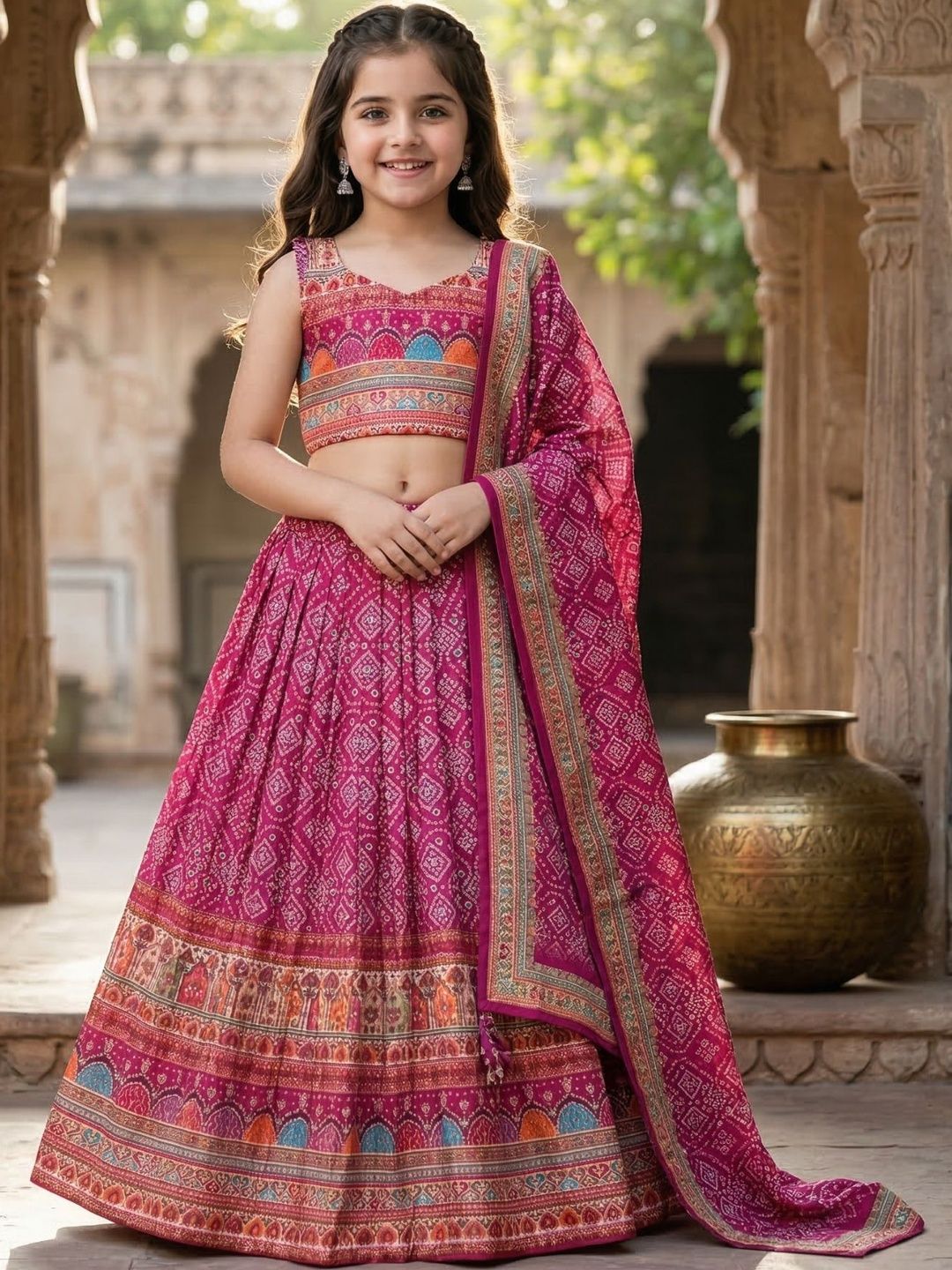 KALINI Girls Printed Semi-Stitched Lehenga & Blouse With Dupatta