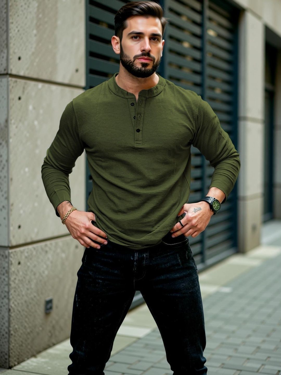 HOODLER Men Henley Neck T-shirt