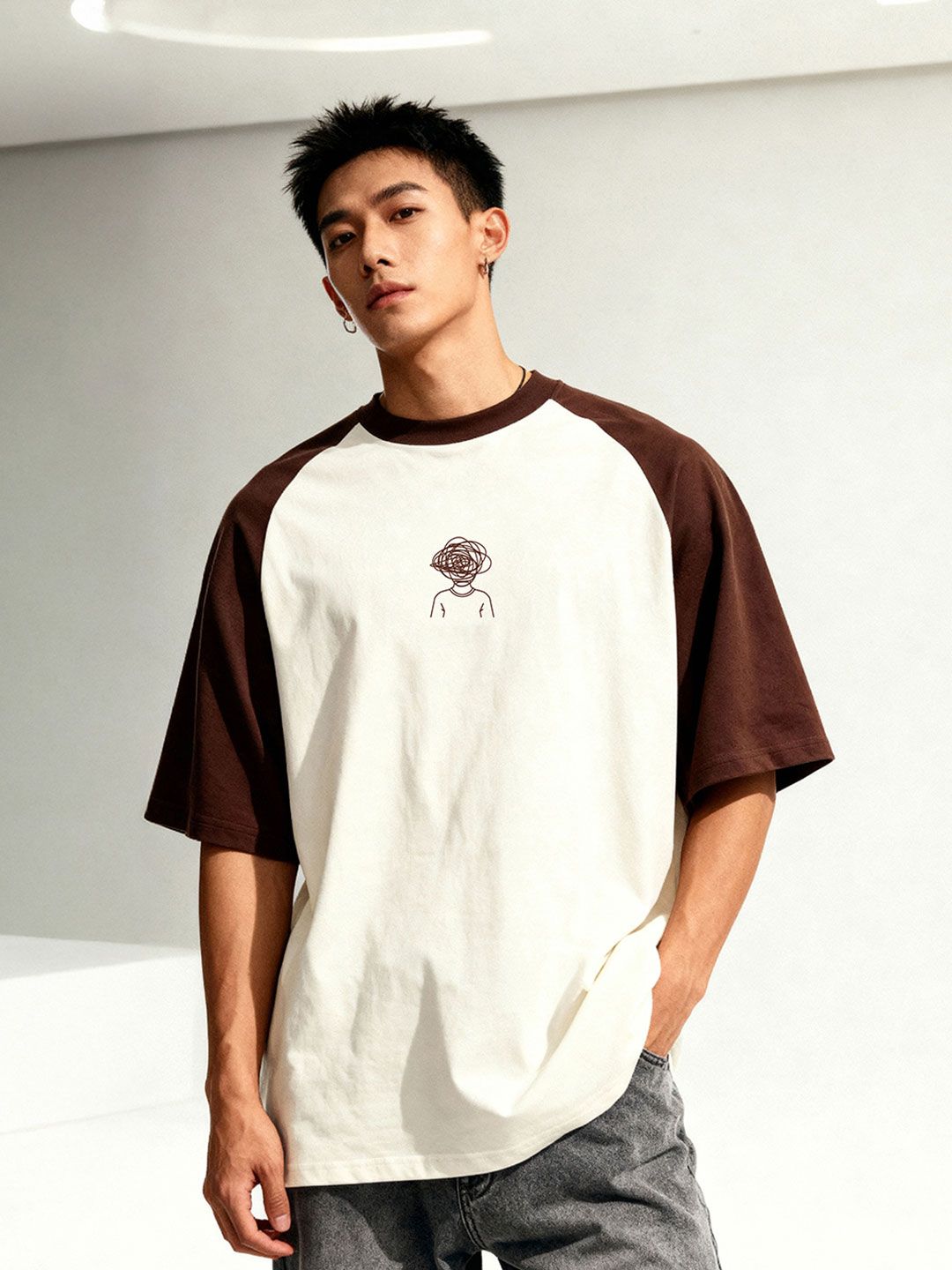 TOM MILTON Men Off White Raglan Sleeve Round Neck T-Shirt