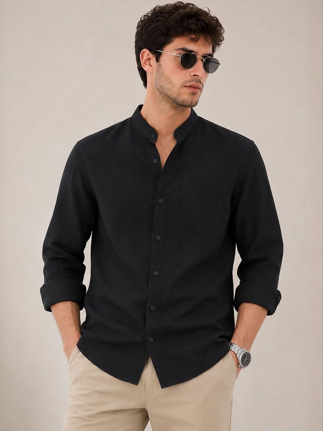 VEIRDO Mandarin Cotton Long Sleeves Shirt