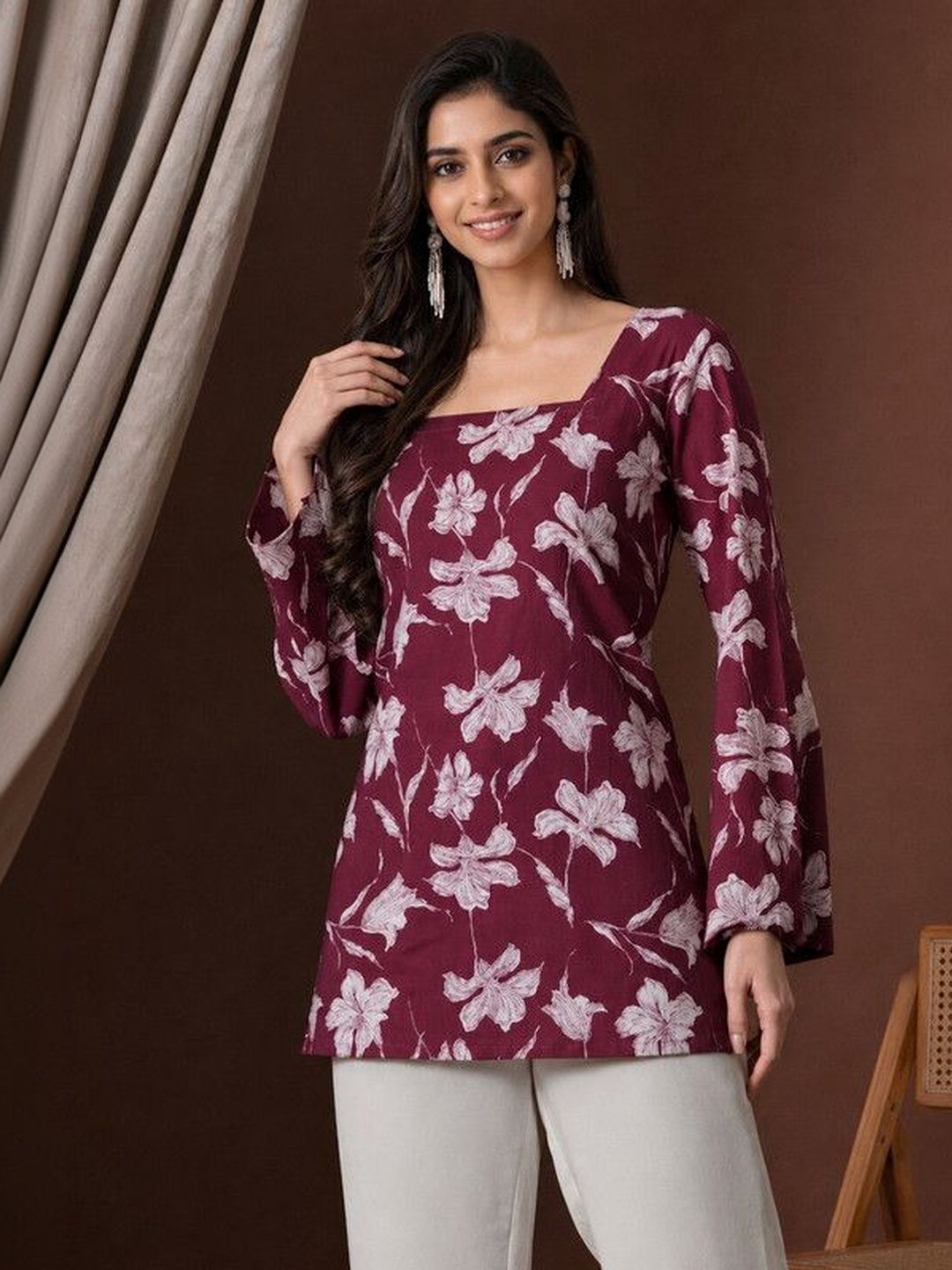 ALENJAN Floral Printed Square Neck Flared Sleeves Kurti