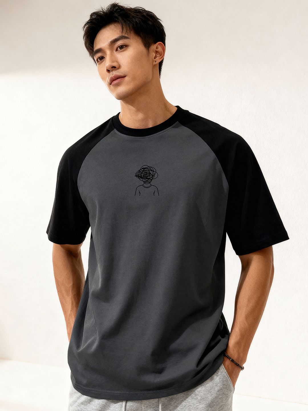 TOM MILTON Men Grey Raglan Sleeve Round Neck T-Shirt