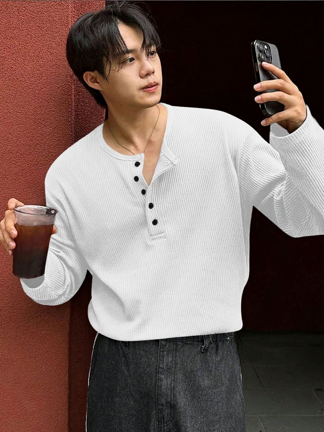 HOODLER Men Henley Neck T-shirt
