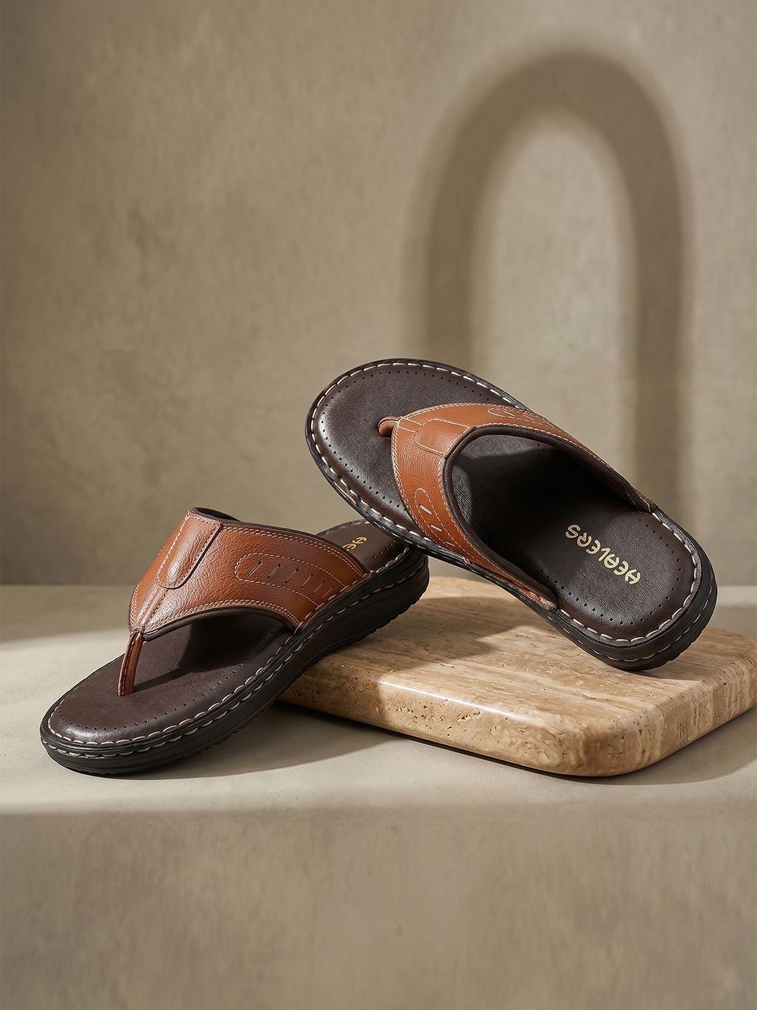 Liberty Healers Men Tan Soft Cushioned Slip-On Thong Casual Flip-Flops