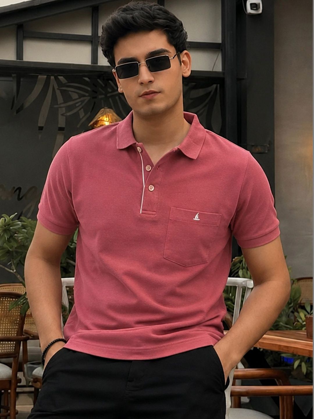 Utopium Men Brand Logo Polo Collar Pure Cotton Pockets T-shirt