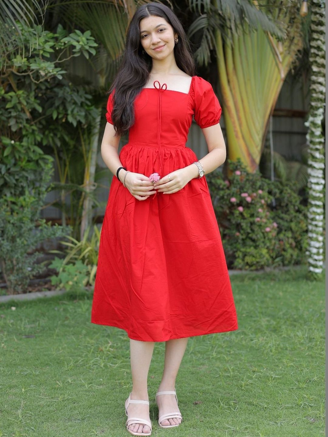 JEEREVA Puff Sleeve Fit & Flare Midi Dress