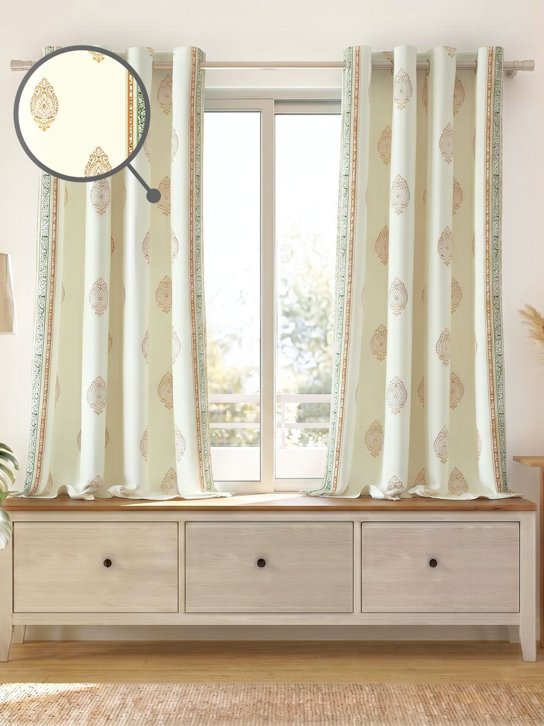 Story@home Story@home Mustard & Beige Set of 2 Ethnic Motifs Room Darkening Window Curtain