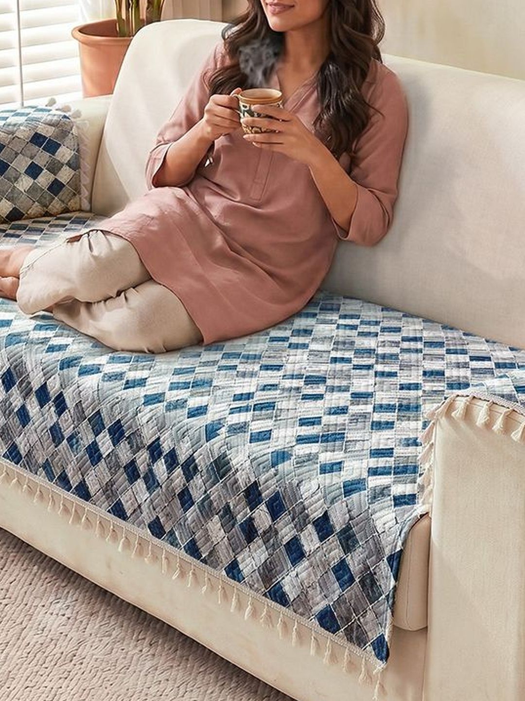 Story@home Story@home Grey & Blue Printed 1 Piece Sofa Cover With Arms