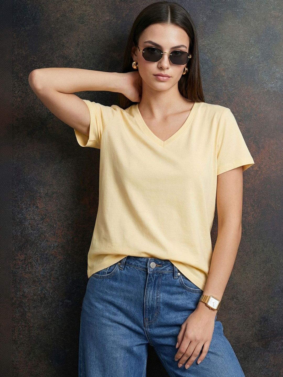 JUNEBERRY Women Solid Off White V-Neck Pure Cotton Regular Fit T-shirt