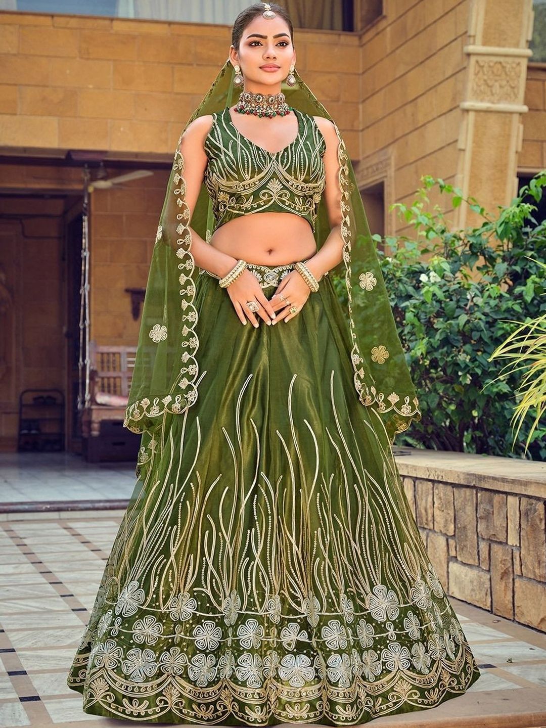 UDBHAV EXPORT Embroidered Thread Work Semi-Stitched Lehenga & Blouse With Dupatta
