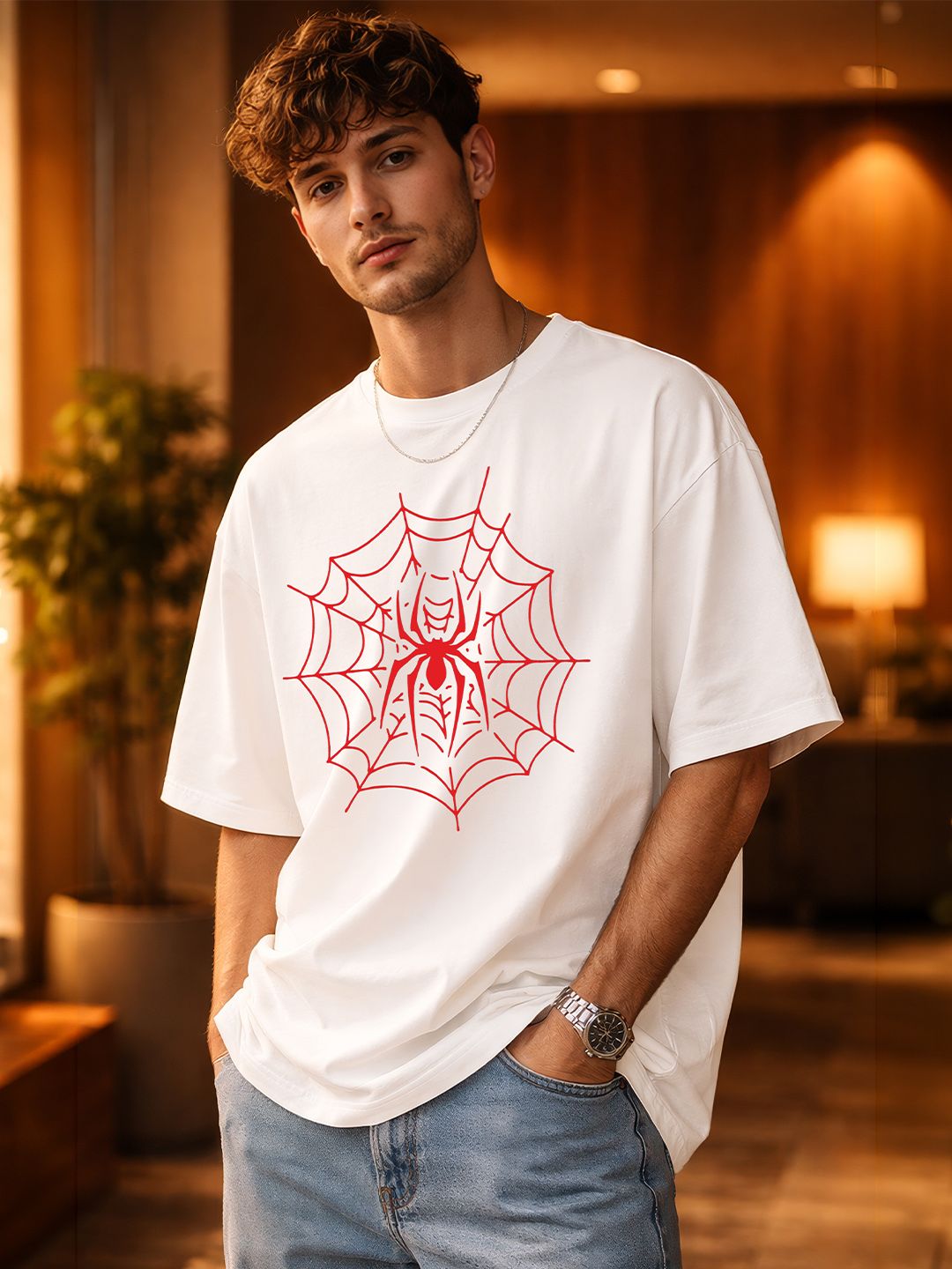 BENNY BROOKS Men White Round Neck Half Sleeve Oversized Tshirt