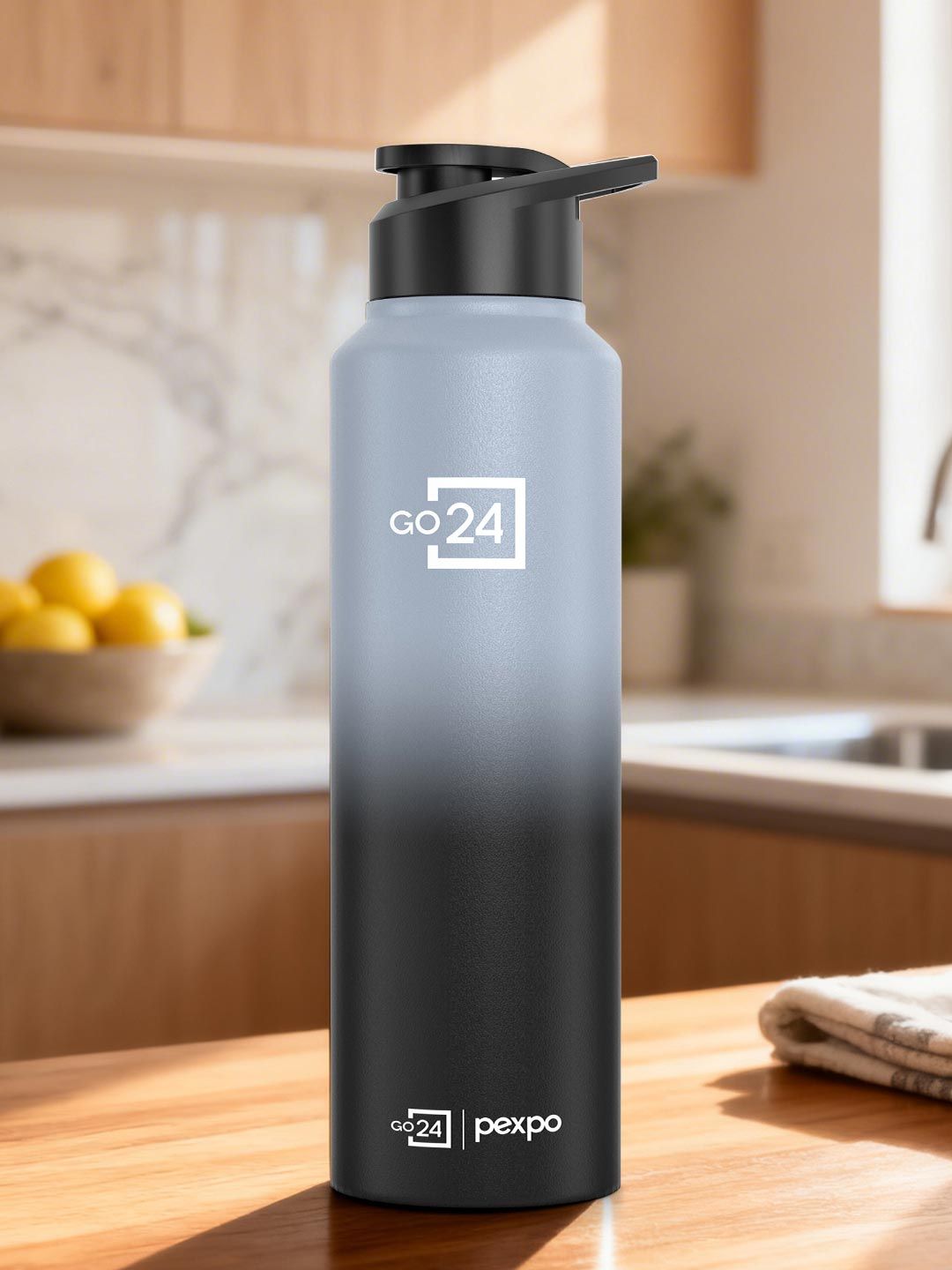 Go24 Craft Stainless Steel Single Wall Fridge Water Bottle with Sipper Grey & Black 950ml
