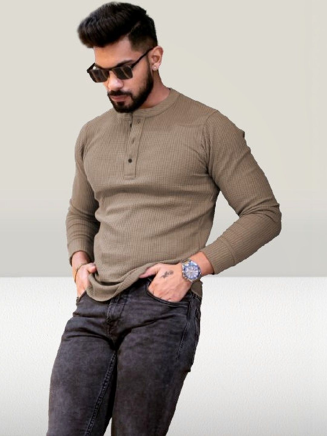 HOODLER Men Henley Neck T-shirt