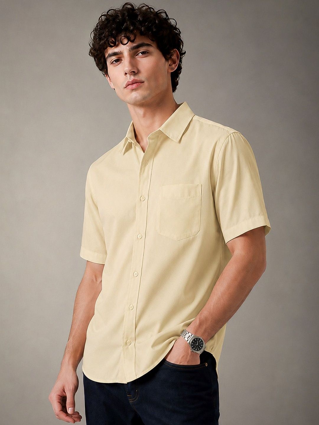 VEIRDO Men Classic Fit Solid Spread Collar Pure Cotton Casual Shirt