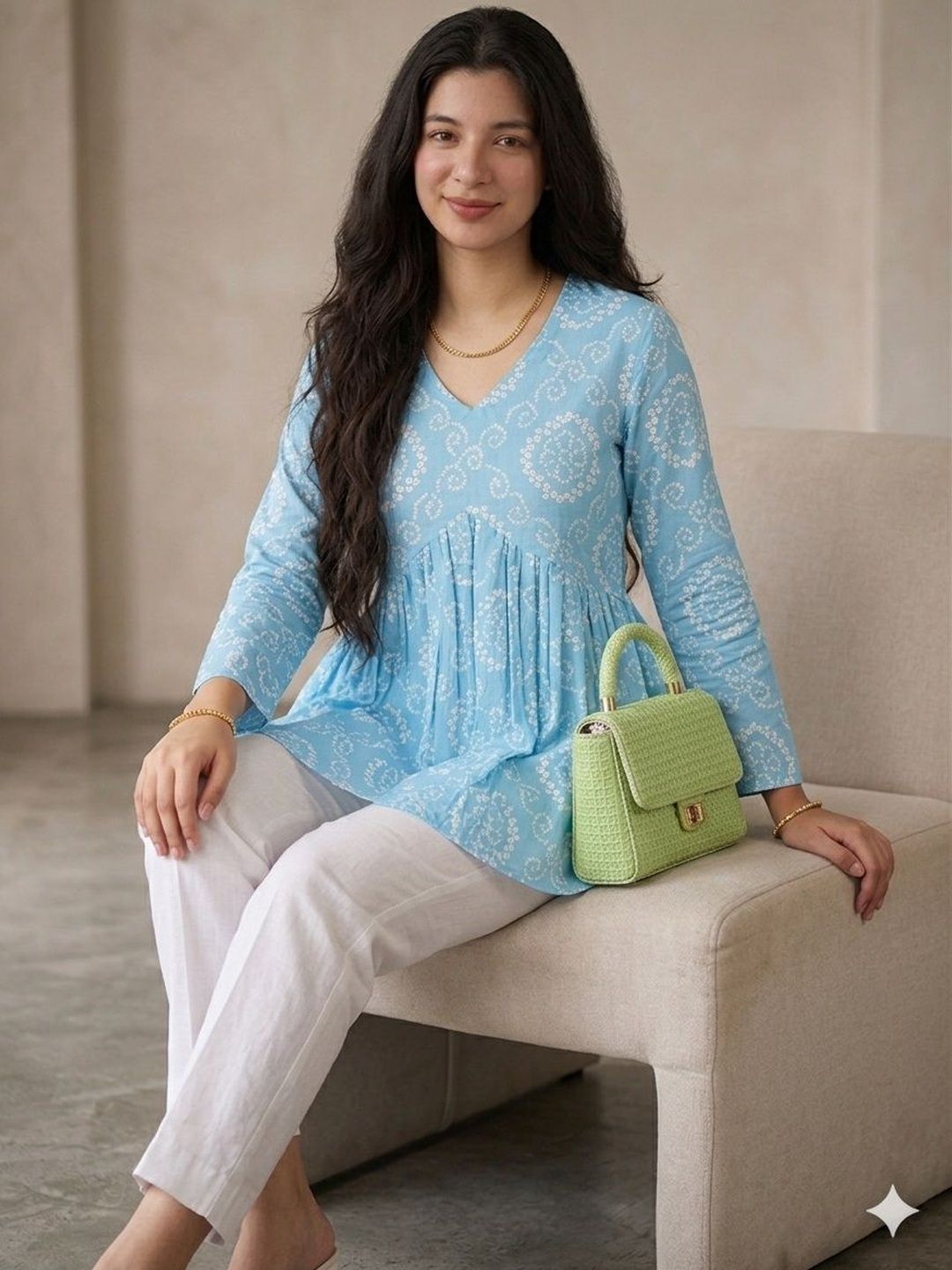 Vastrakaya Ethnic Motifs Printed V-Neck Pure Cotton Blend Empire Kurti