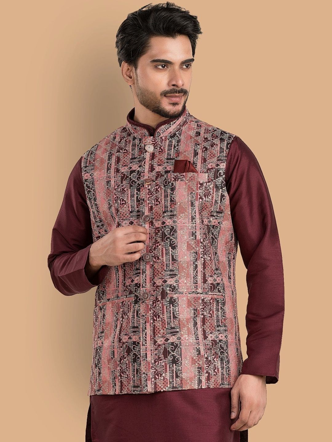TRENDS OF ETHNIC Woven Design Zari Mandarin Collar Nehru Jacket