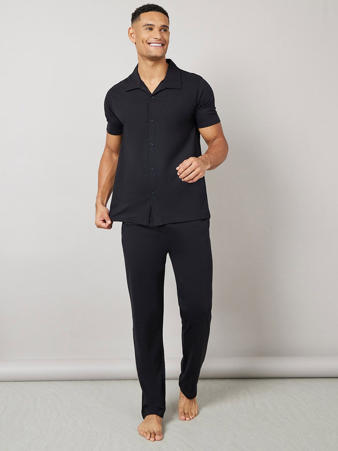 Styli Men Black Solid Collared Short Sleeve Shirt & Pyjama Night Suit