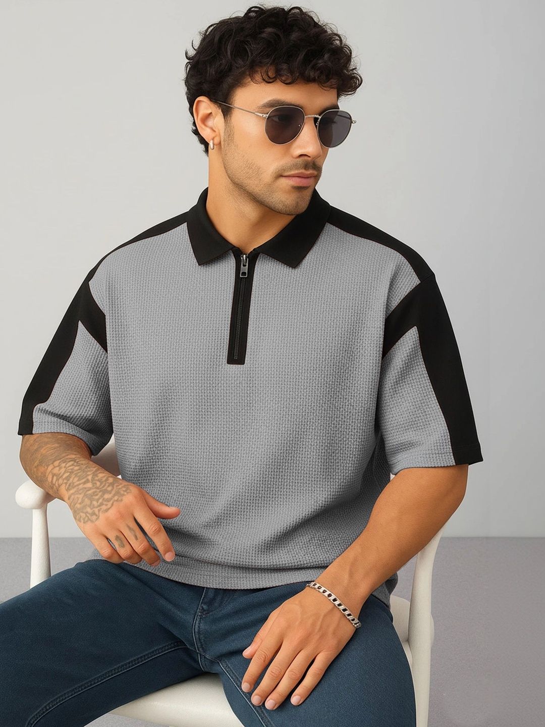 HOODLER Men Colourblocked Polo Collar Pure Cotton T-shirt