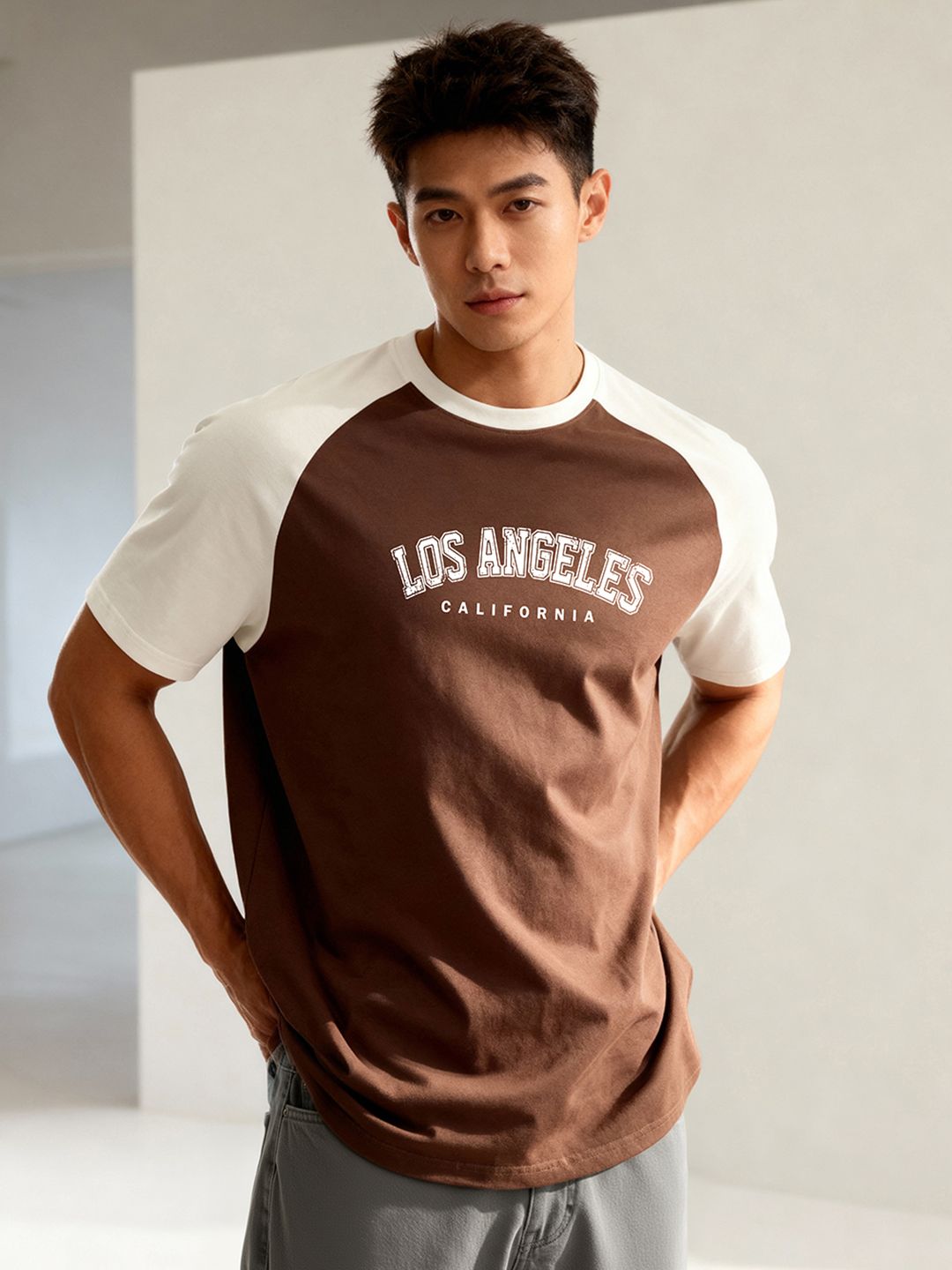 TOM MILTON Men Brown Raglan Sleeve Round Neck T-Shirt