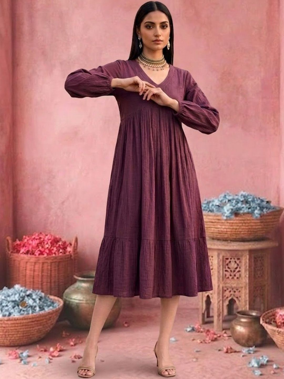 Sangria V-Neck A-Line Ethnic Dresse