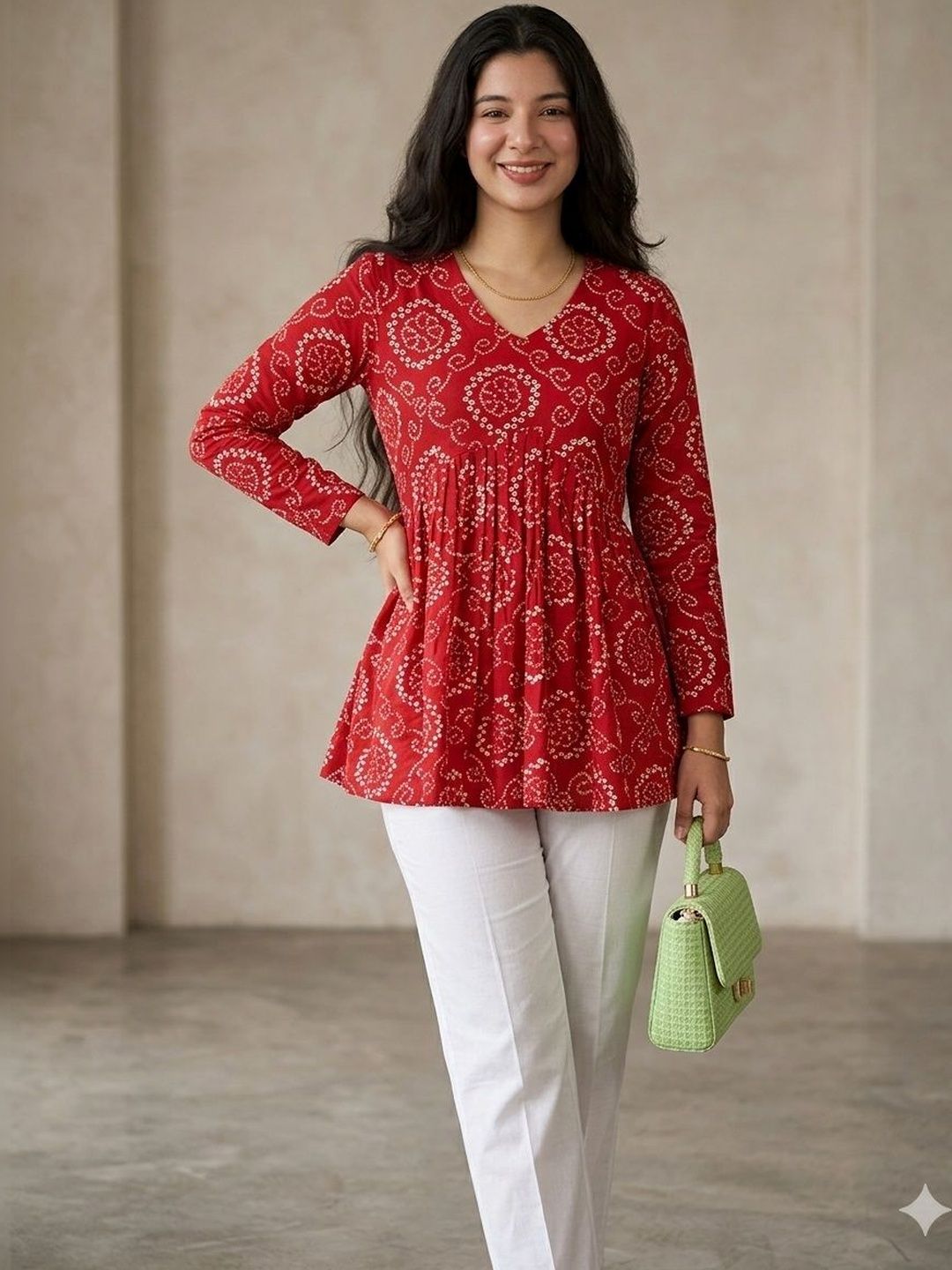 Vastrakaya Bandhani Printed V-Neck Pure Cotton Blend Kurti