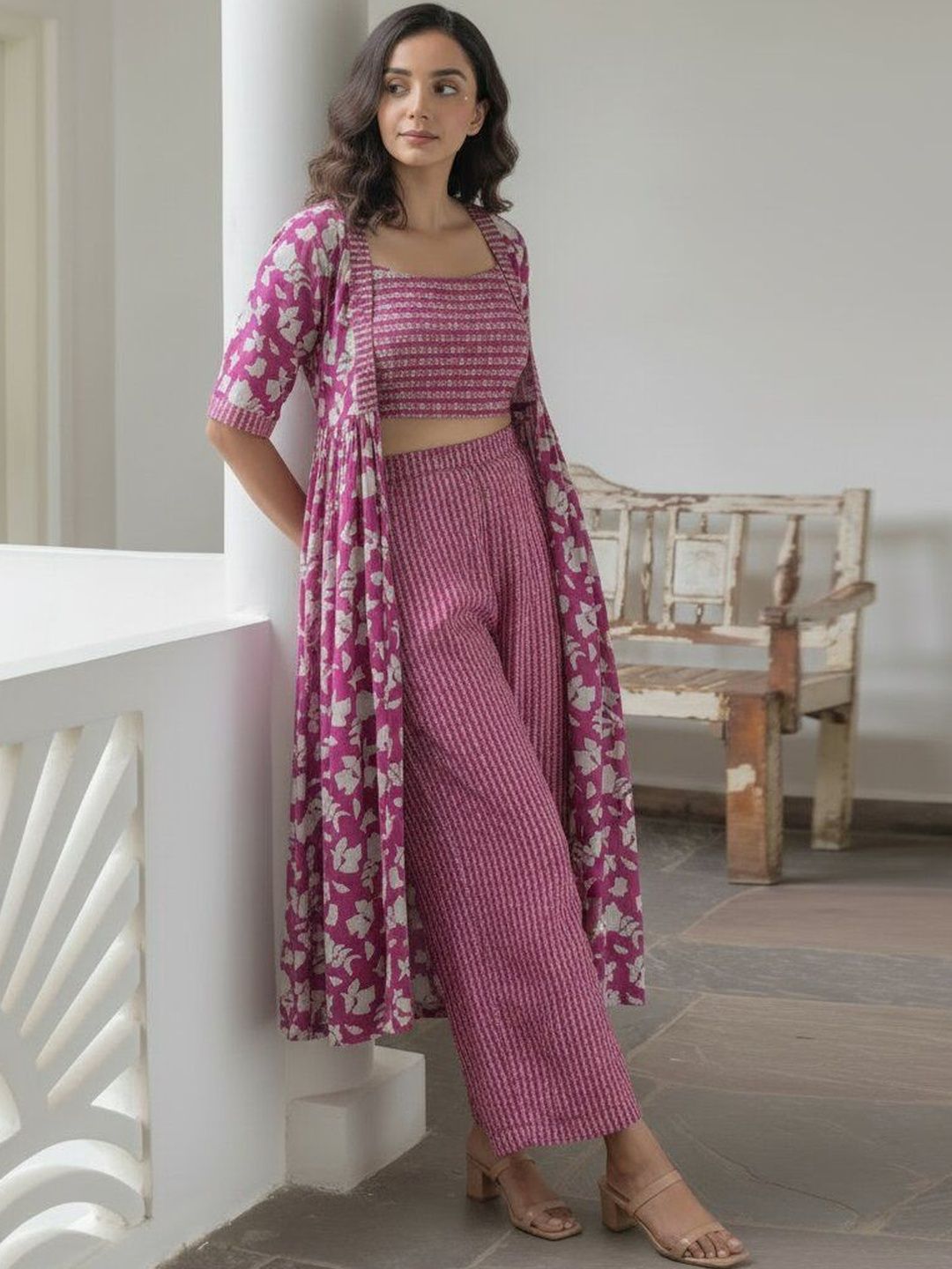 Anouk Floral Striped Top with Palazzos & Jacket