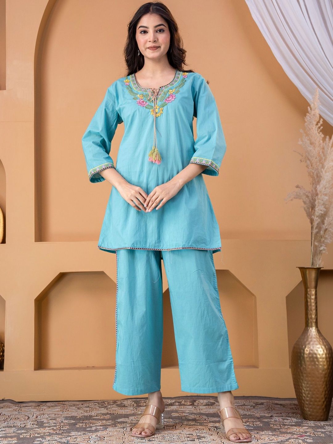 Sangria Cotton Embroidered Tunic with Palazzos