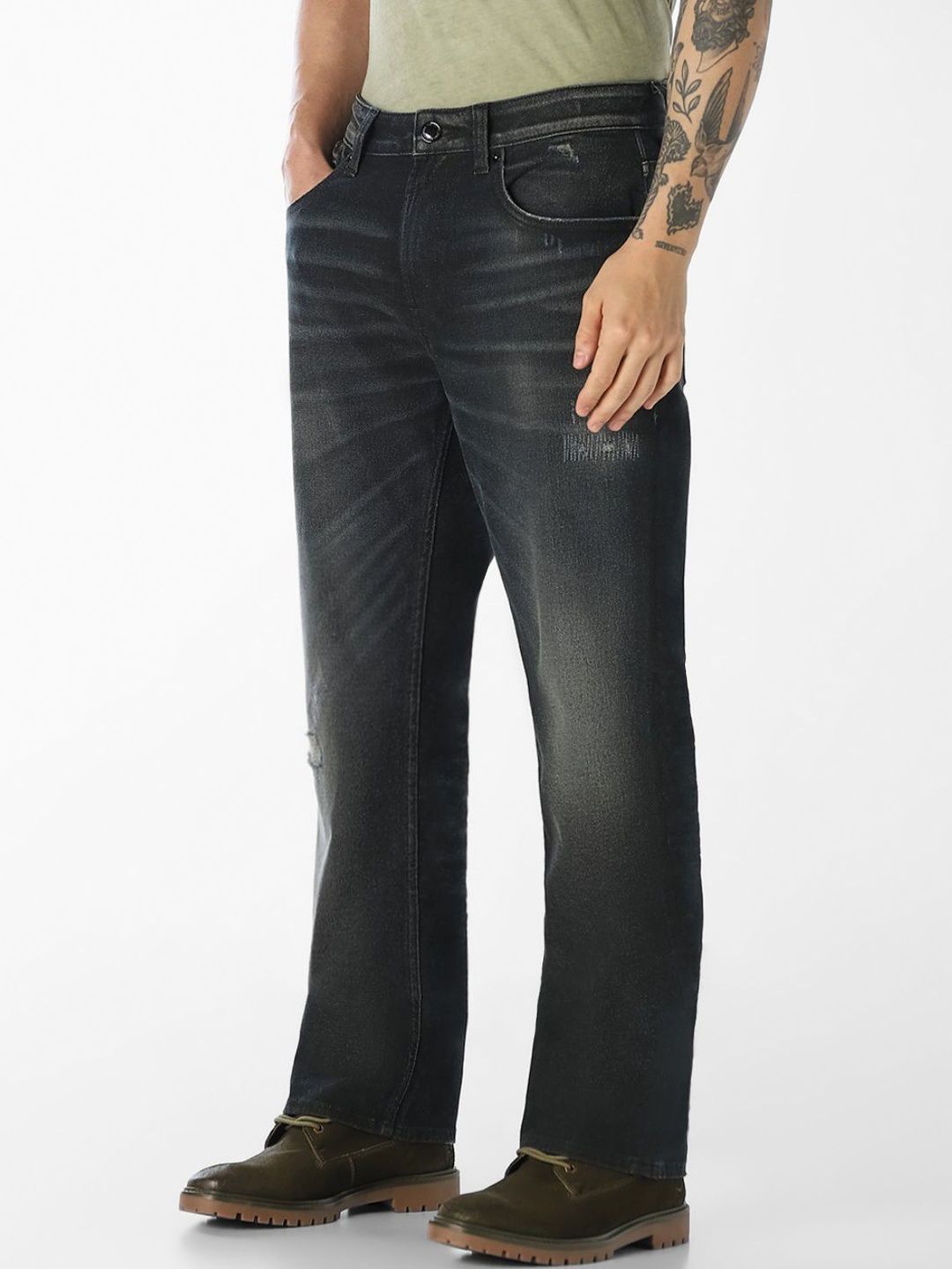Bootcut High-Rise Mildly Distressed Light Fade Stretchable Jeans