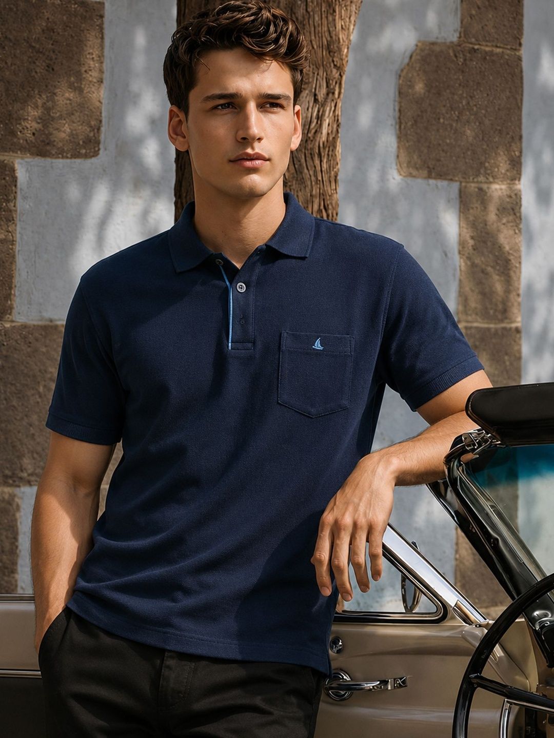 Utopium Men Brand Logo Polo Collar Pure Cotton Pockets T-shirt