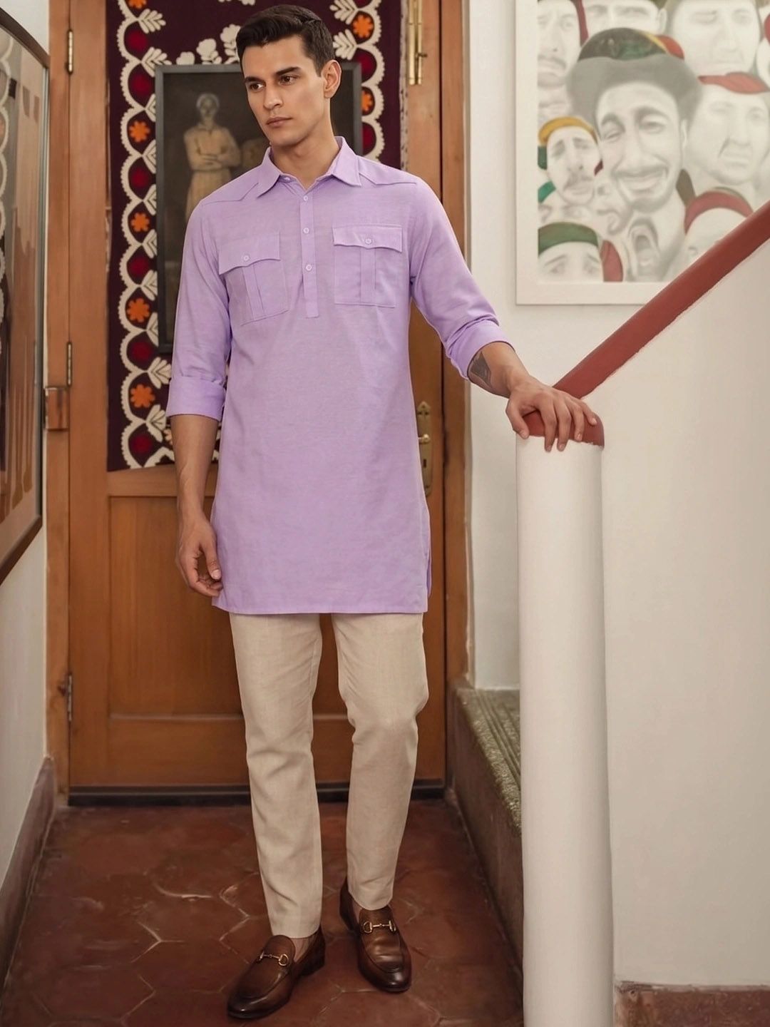 House of Pataudi Shirt Collar Pocket Detailing Rozana Kurta