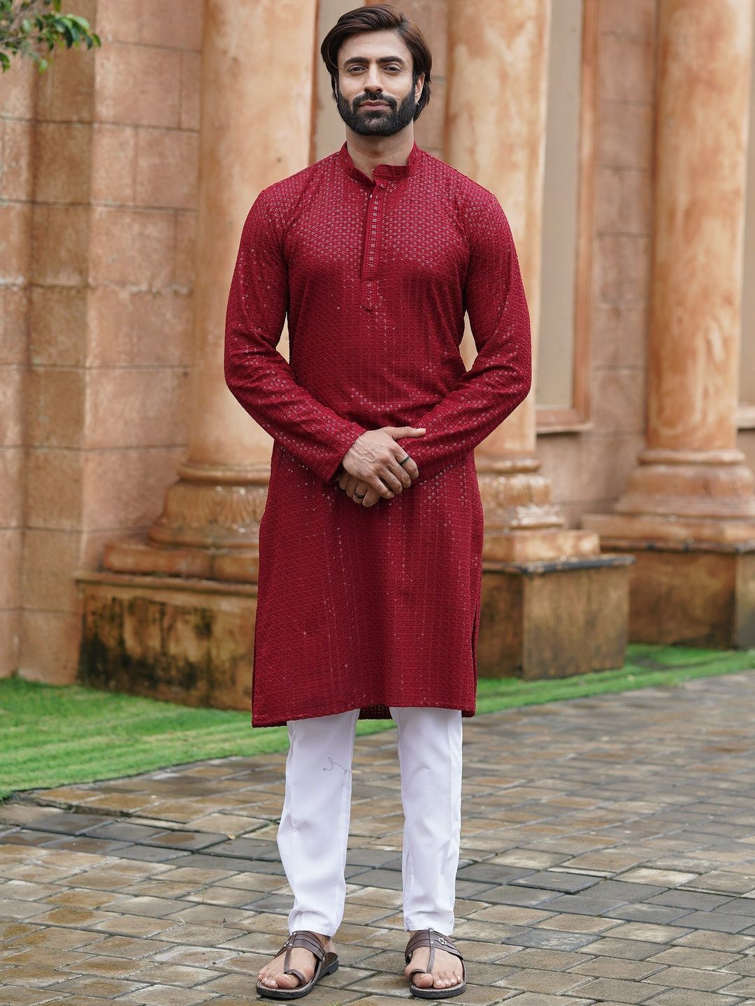 House of Pataudi Embroidered  Mandarin Collar Knee Length Straight Kurtas