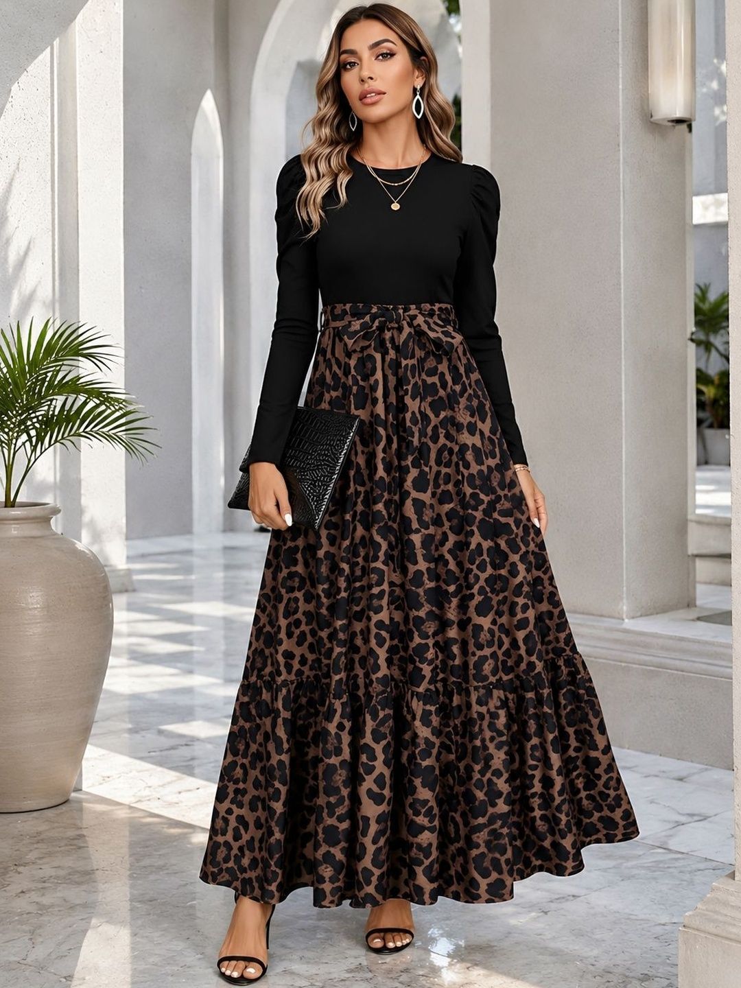 AmorLuxe AmorLuxe Animal Print Puff Sleeve A-Line Maxi Dress