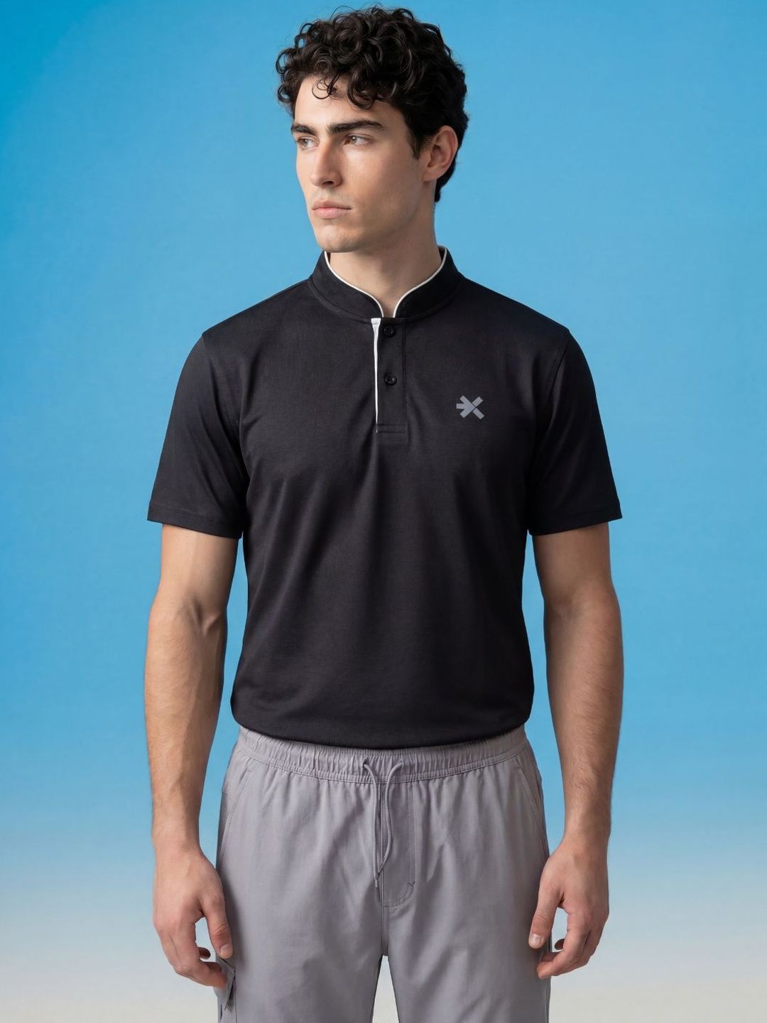 HRX by Hrithik Roshan Men Brand Logo Mandarin Collar Pockets Slim Fit T-shirt