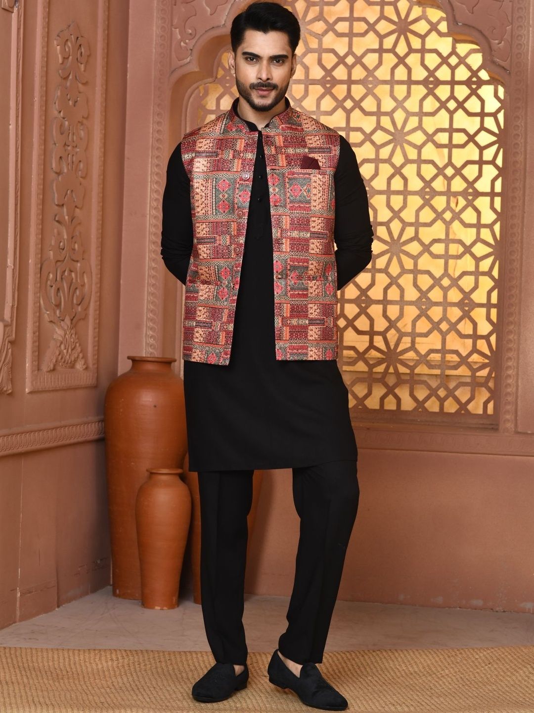 WANAS Men Multicolor Geometric Printed Premium Jacquard Nehru Jacket
