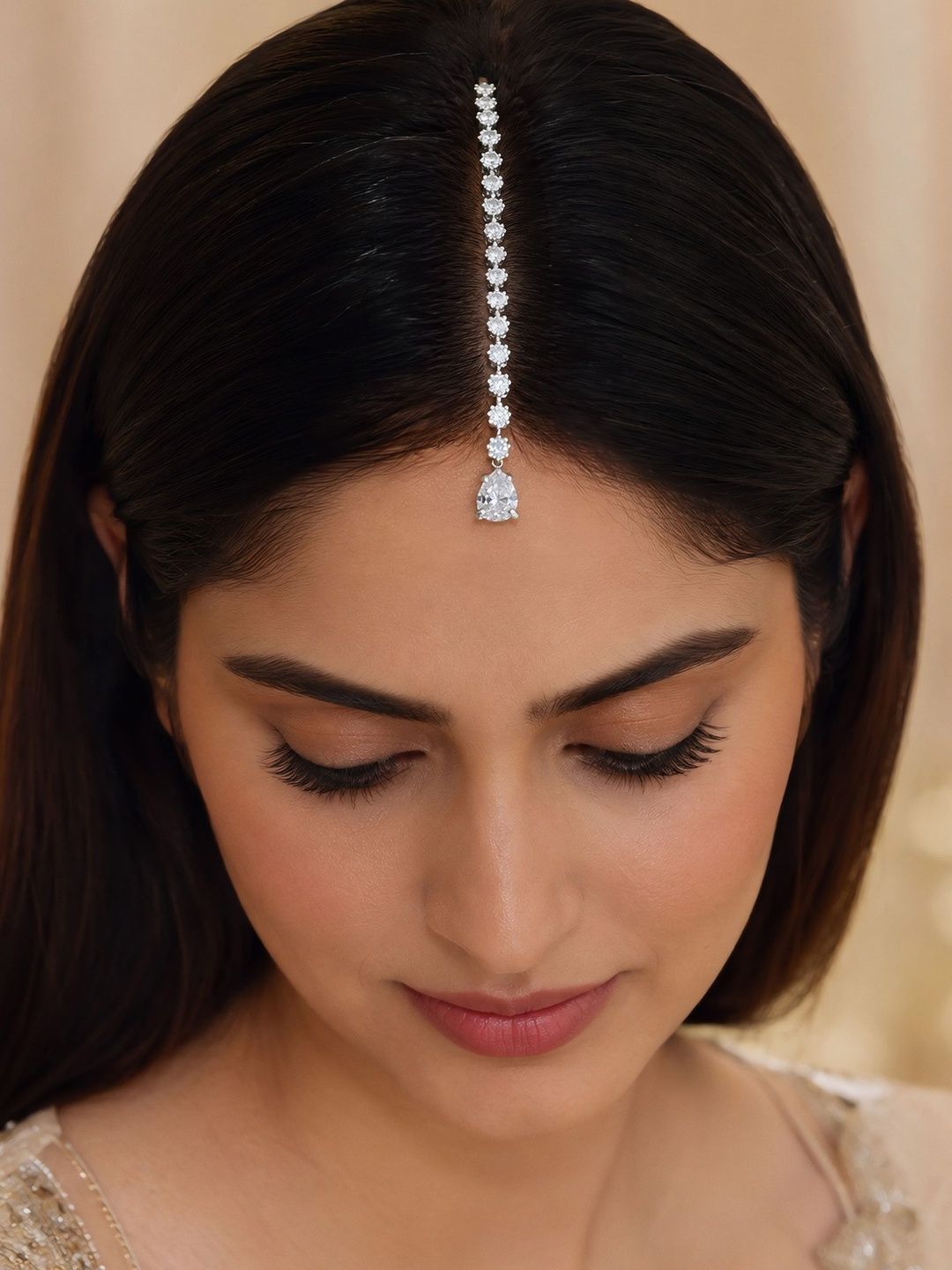 PRIVIU American Diamond Studded Maang Tikka Head Jewellery