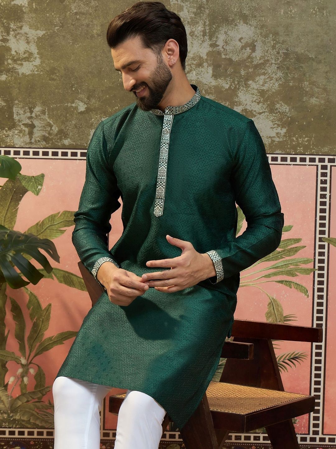 Sangria Woven Design Mandarin Collar Straight Kurta