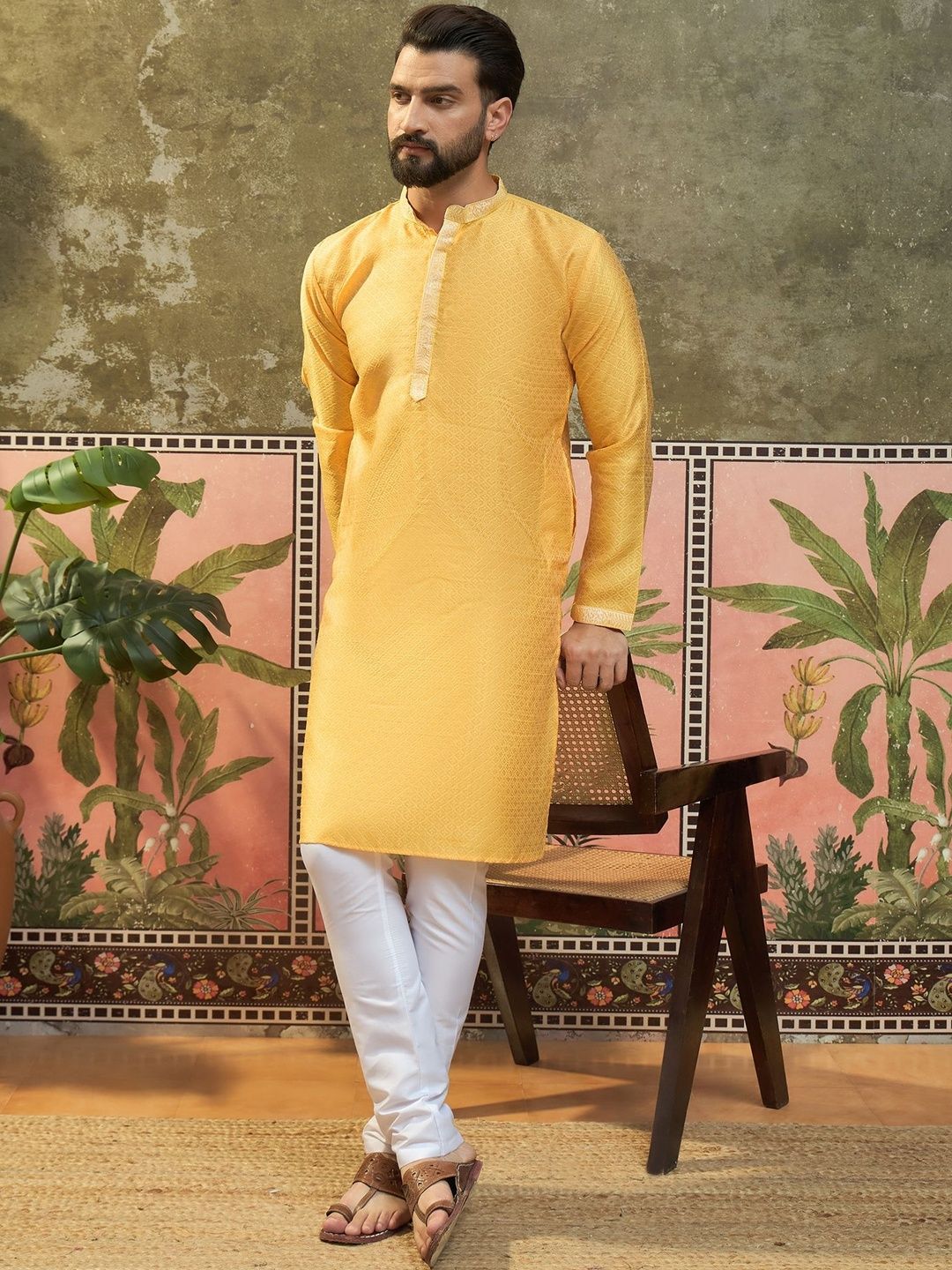 Sangria Woven Design Mandarin Collar Straight Kurta