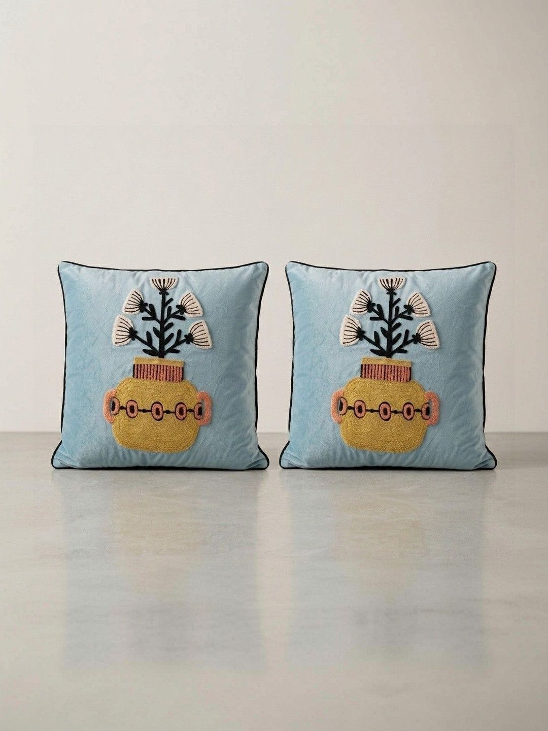 ZENSHA DECOR ZENSHA DECOR Blue Set of 2 Embroidered Square Cushion Covers