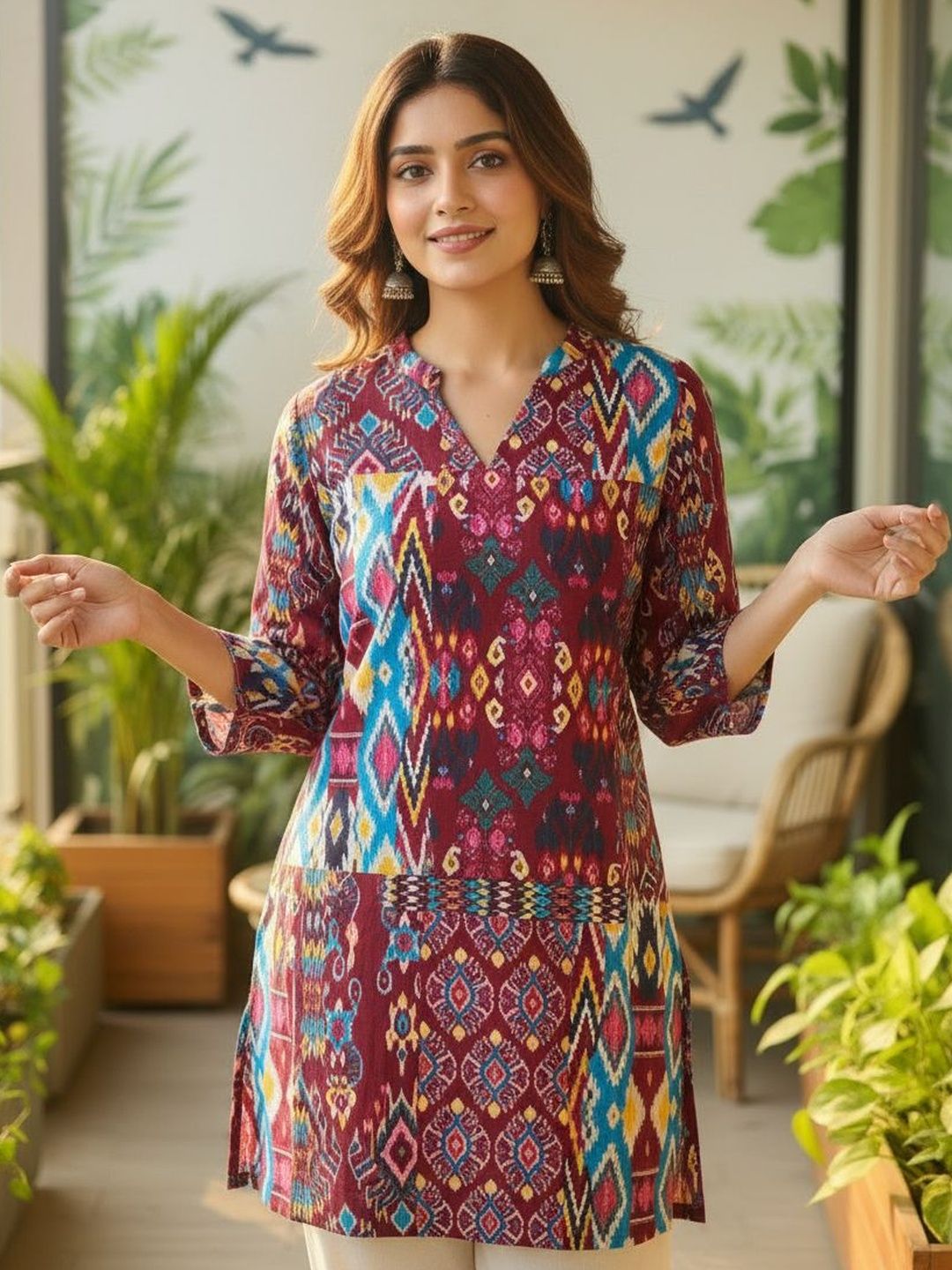 Anouk Ethnic Motifs Printed V-Neck Pure Cotton Blend Kurti