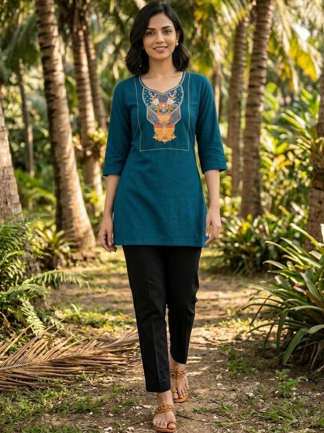 NESH CREATION Floral Embroidered V-Neck Thread Work Pure Cotton Thread Work Kurti