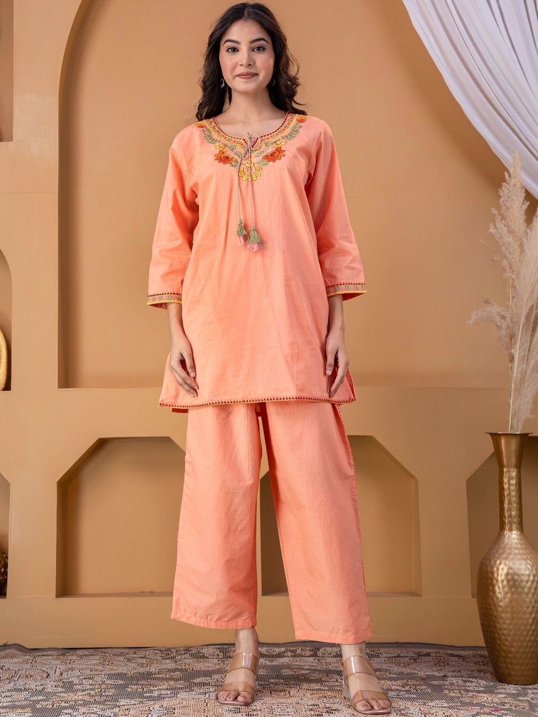 Sangria Bohemian Cotton Embroidered Tunic with Palazzos