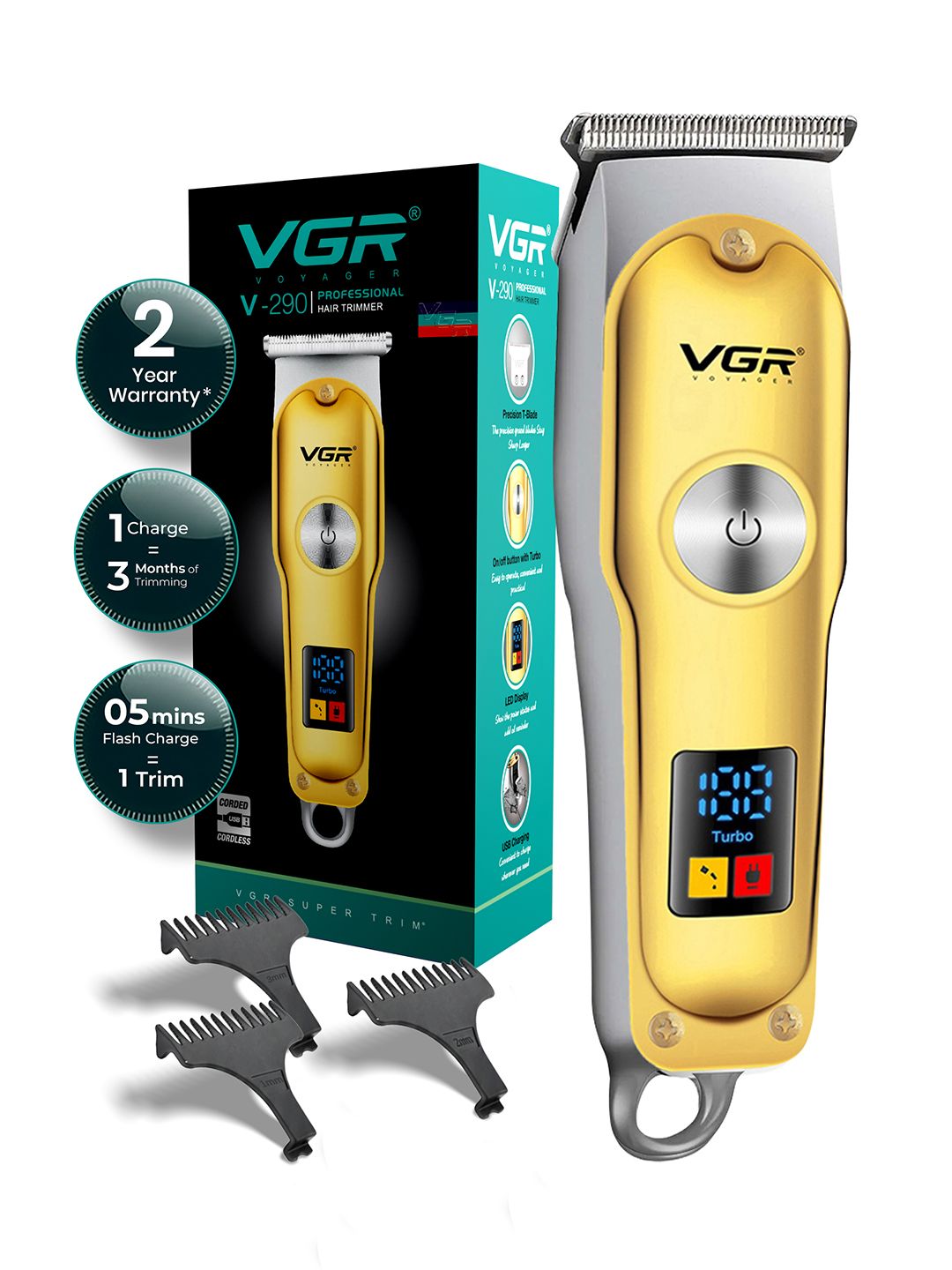 VGR V-290 Hair & Beard Trimmer for Men with LED 120 Min Runtime & Type-C Quick Charging