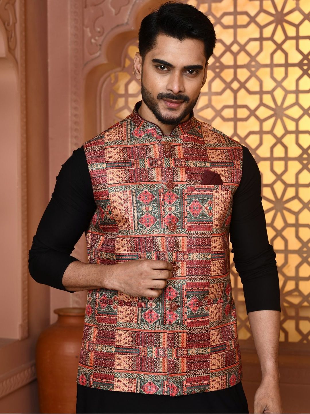 WANAS Men Multicolor Geometric Printed Premium Jacquard Nehru Jacket
