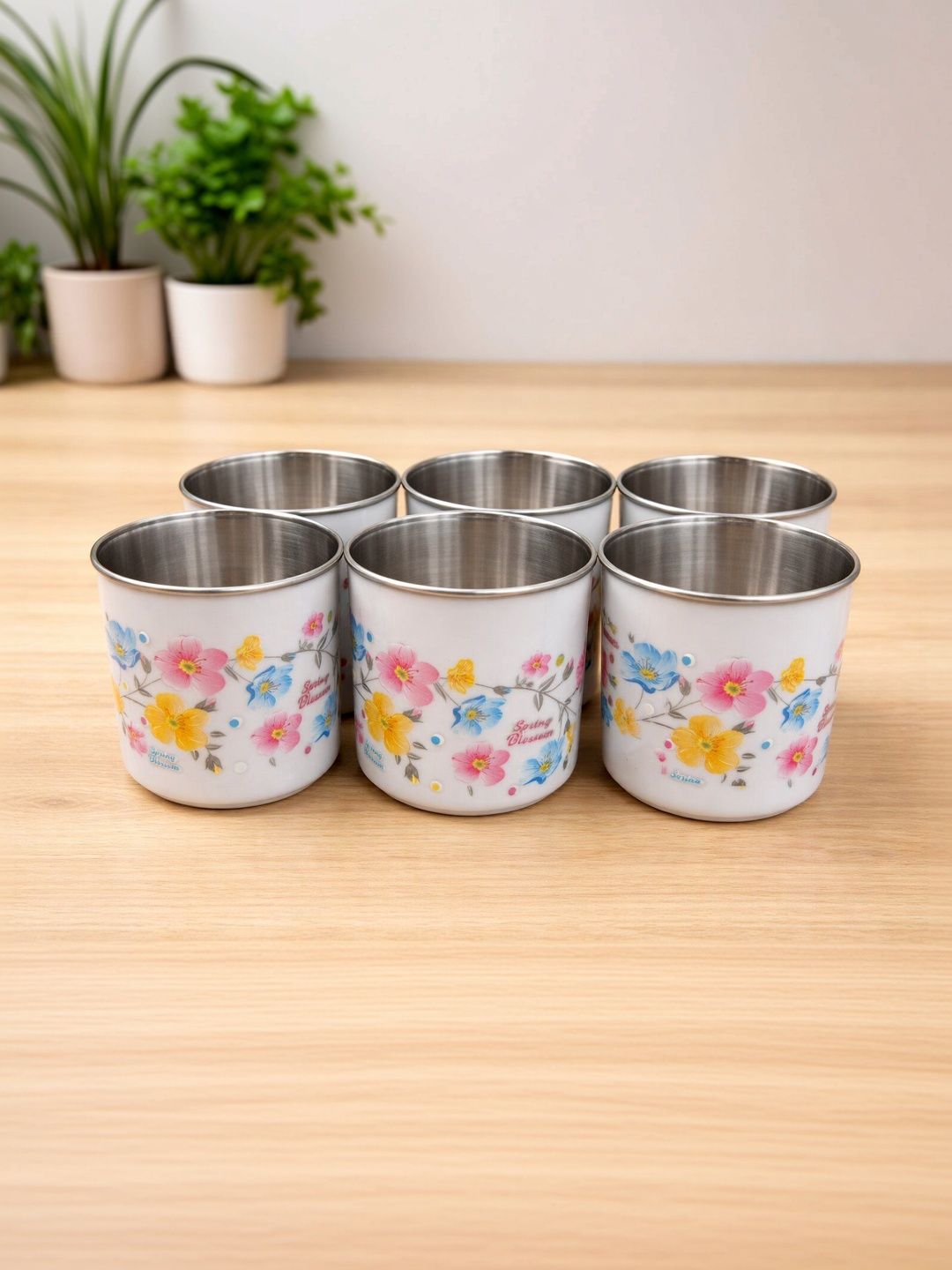 Rema White Floral Printed Stainless Steel Glossy Cups Set of Cups and Mugs